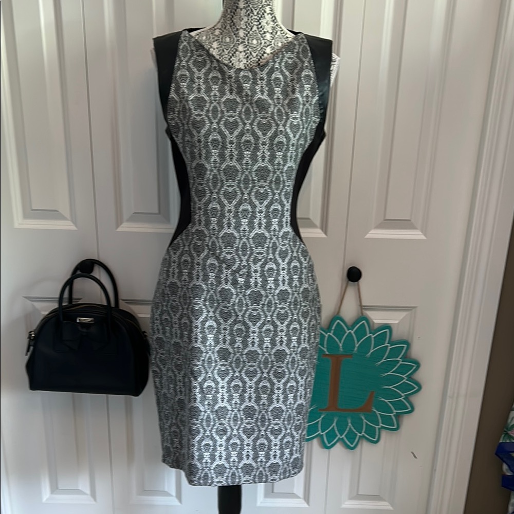 Black and White Sleeveless Halter Sheath Midi Dress
